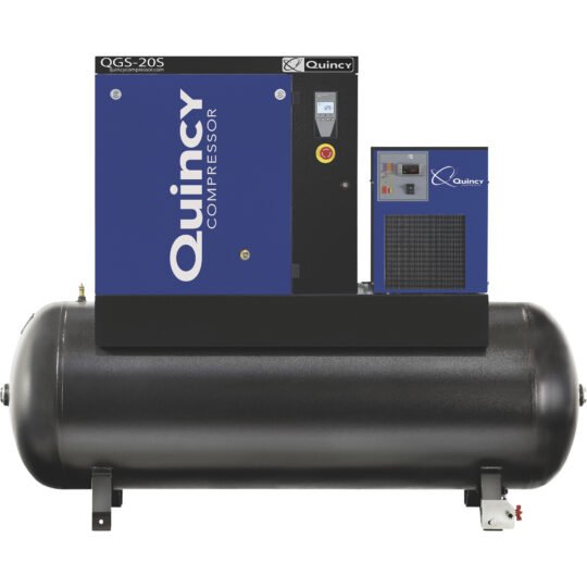 Quincy QGS Rotary Screw Air Compressor, Tank Mounted, w/ Dryer, 230V 3-Phase, 20 HP, 132 Gallon, 60.8 CFM, Model# 4152022000