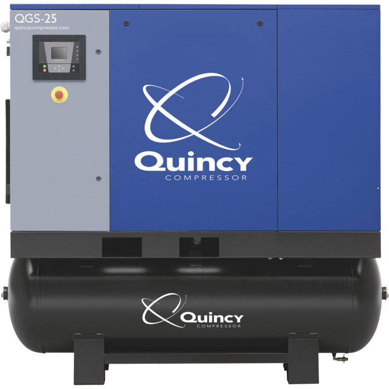 Quincy Compressor, QGS 25 125PSI TANKMOUNT DRYER, Horsepower 25 HP, Air Tank Size 132 Gal, Volts 460 Model # 4152026589