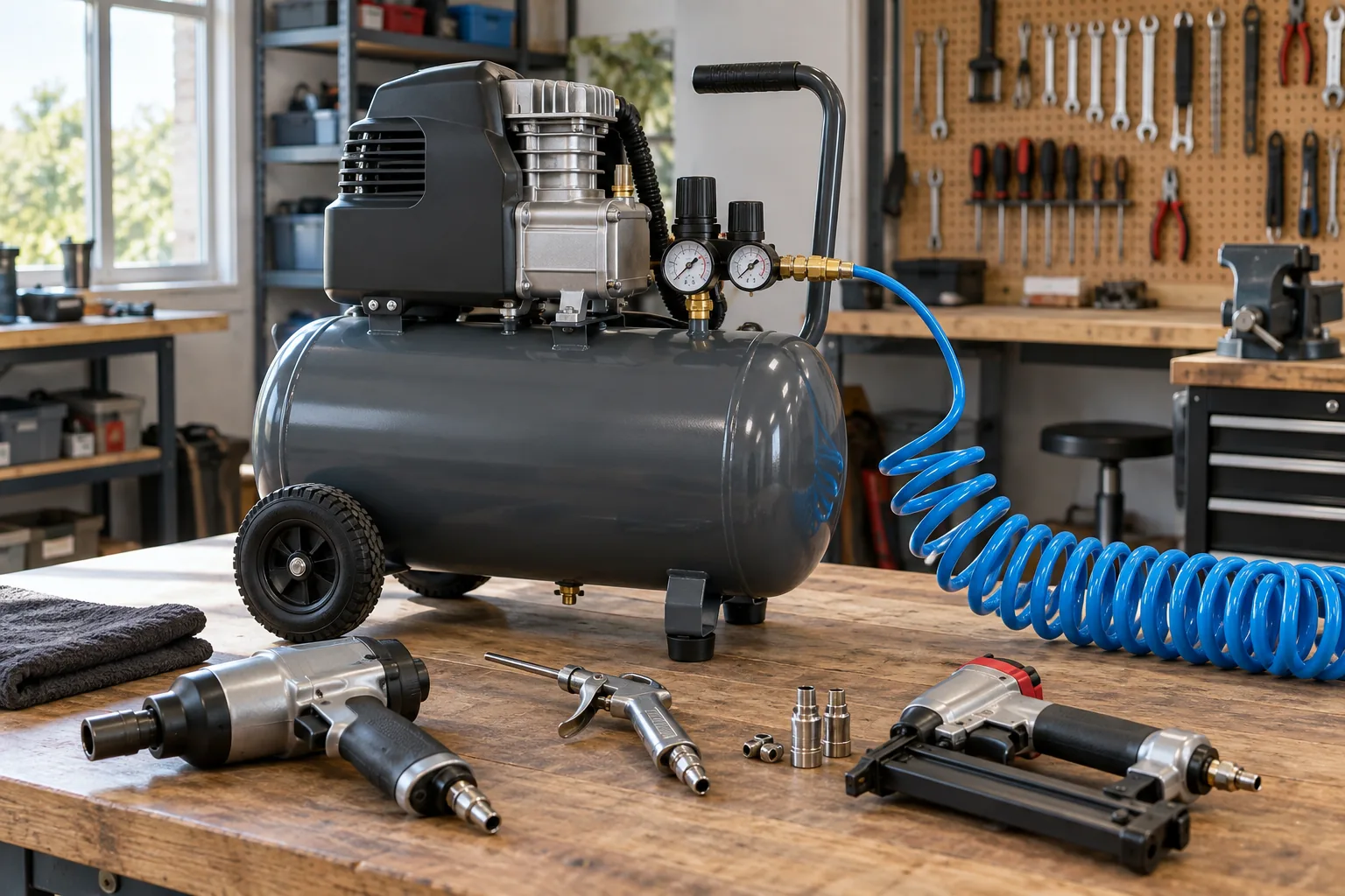 Air compressor and pneumatic tools in a workshop