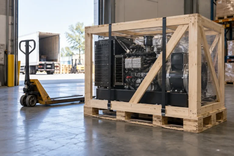 Crated power equipment ready for freight delivery