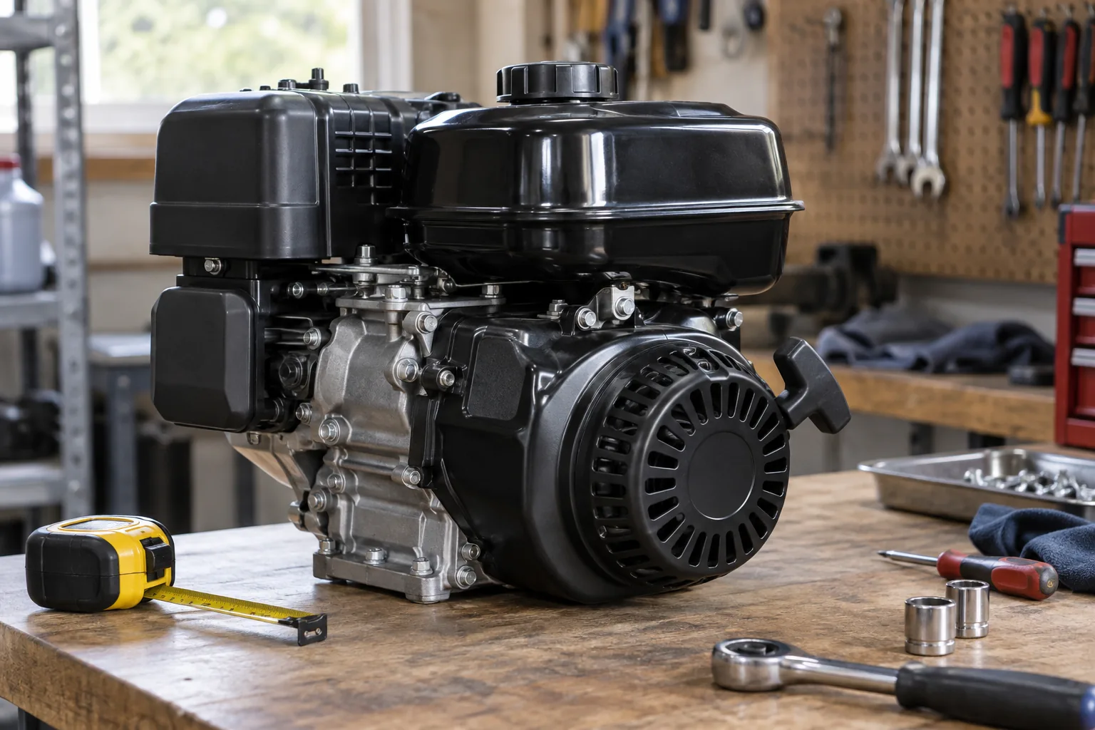 Small engine on a workshop bench