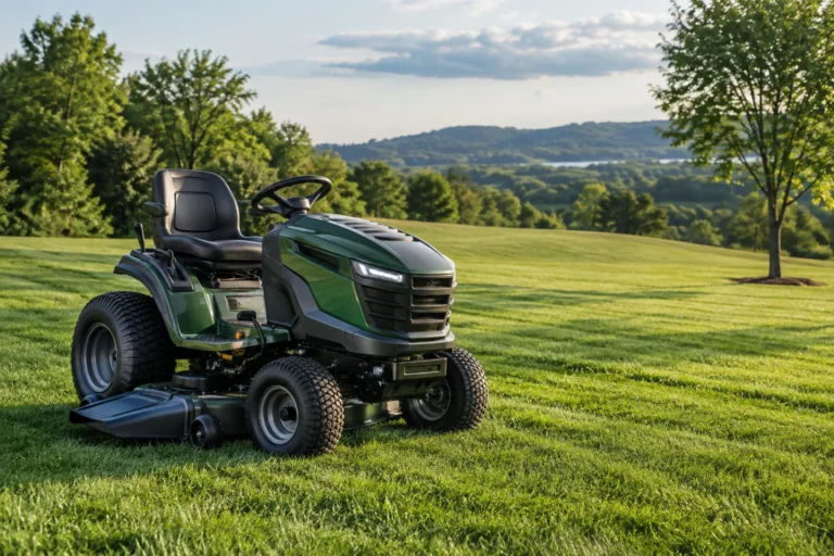 Riding mower on a lawn