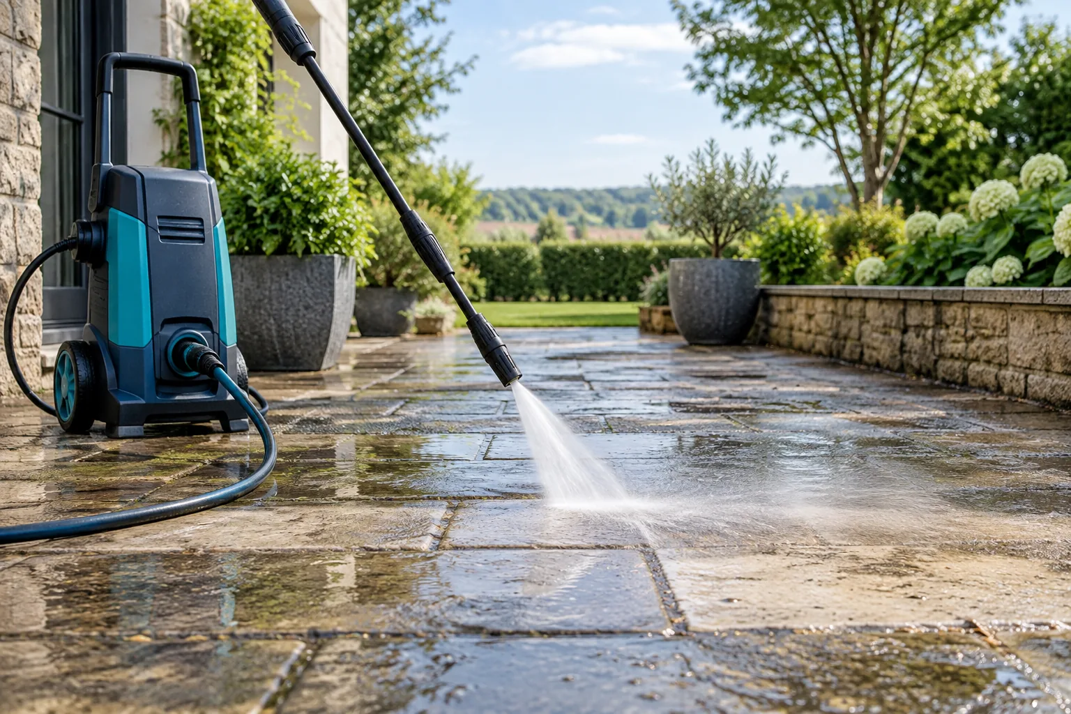 Pressure washer cleaning an outdoor patio