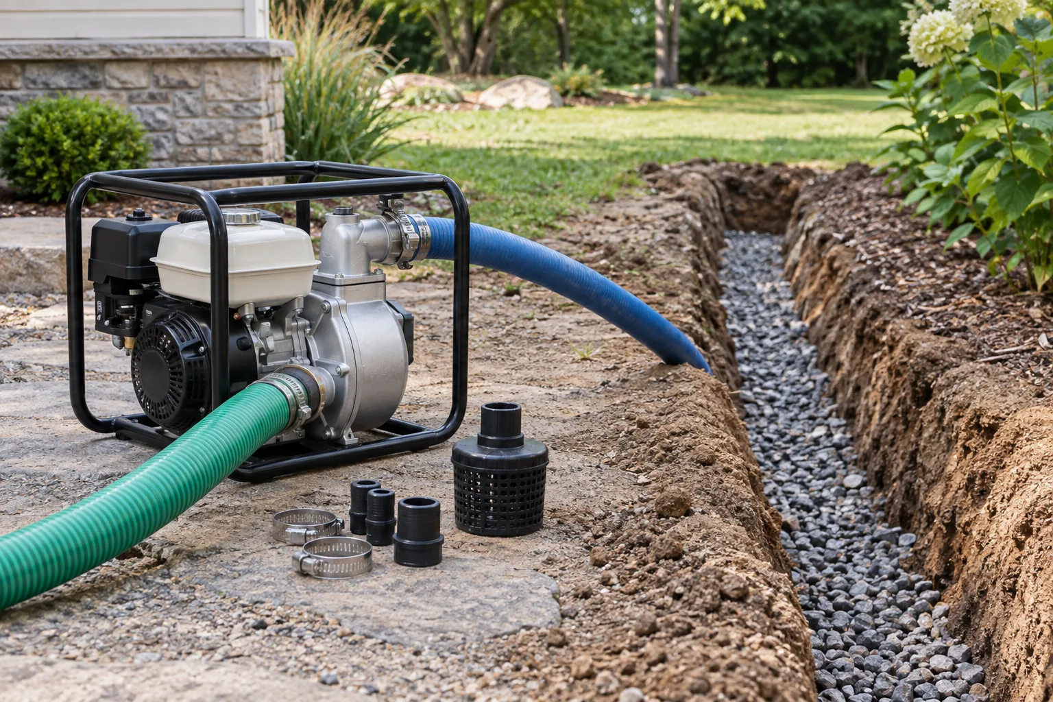 Water pump and hoses beside a drainage trench